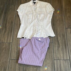 LOFT petites purple capri pants with embroidered white and black stripes.